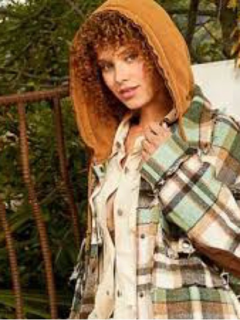 POL Plaid Utility Jacket with Tan Hood and Mint Accents